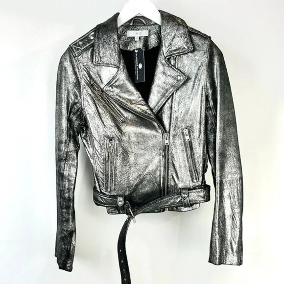 IRO Brooklyn Silver Metallic Leather Moto Jacket - Picture 1 of 10